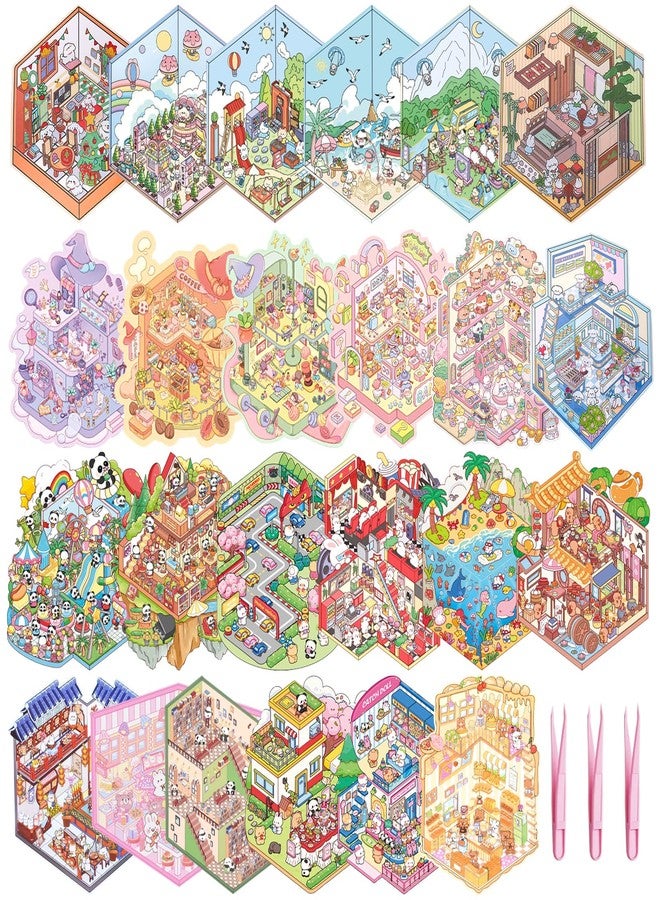 GUBEARE 24 Sets 3D Sticker Scene DIY Sticker Therapy 3D House Stickers Make Your Own Cozy Room Scene,Cute Cartoon Stickers Scenes for Relief Stress Pass The Time - Image 1